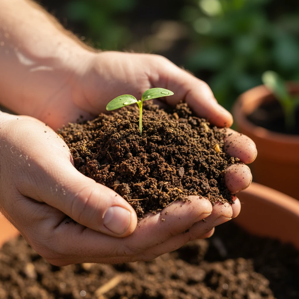 Gardener holding soil and seedling